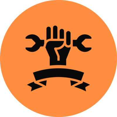 Black wrench fist emblem on orange